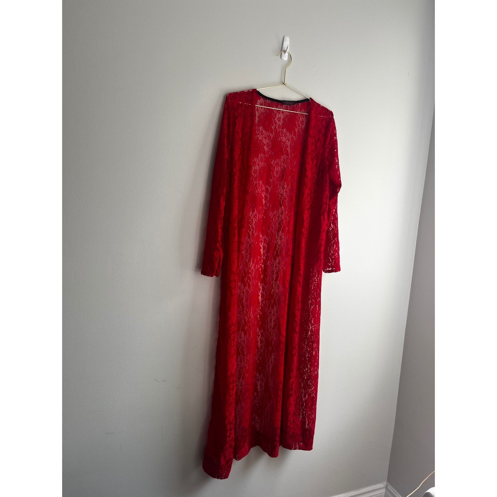 Byanapa Red Floral Lace Maxi Duster Open Front Long Sleeve Sexy Robe Boudoir